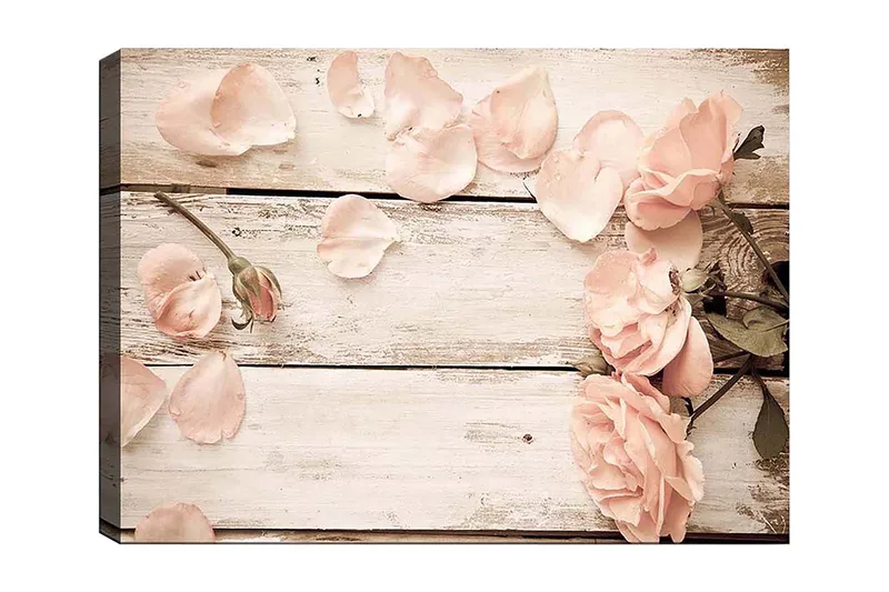 Lærred 70x100 cm - Romantisk komposition af roser og rosenblade på en træoverflade, Lys pink / Grøn