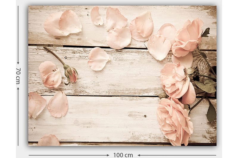 Lærred 70x100 cm - Romantisk komposition af roser og rosenblade på en træoverflade - Lys pink / Grøn - Boligtilbehør - Billeder & kunst - Billeder på lærred