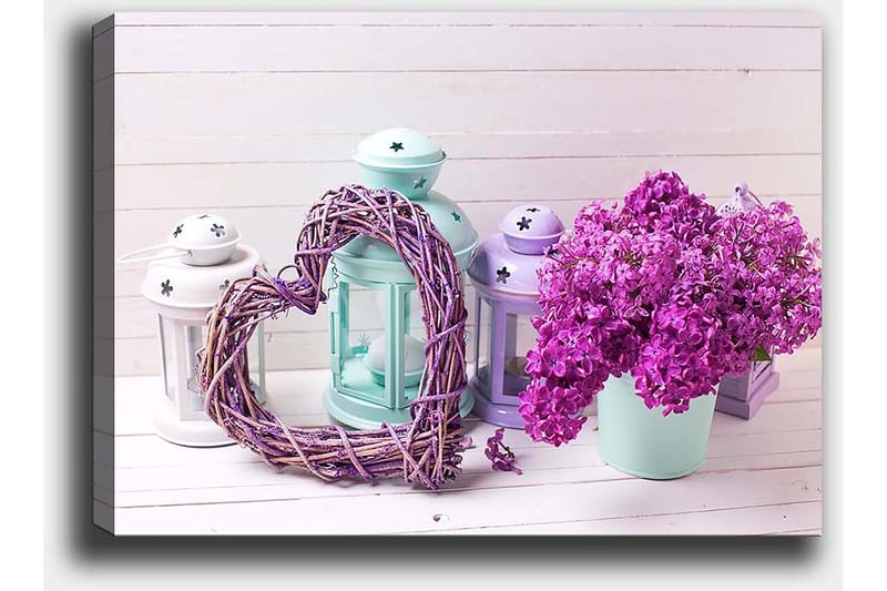 Lærred 70x100 cm - Romantisk komposition med et hjerte af kviste og en potte med lilla blomster - Lilla / Mintgrøn / Hvid - Boligtilbehør - Billeder & kunst - Billeder på lærred