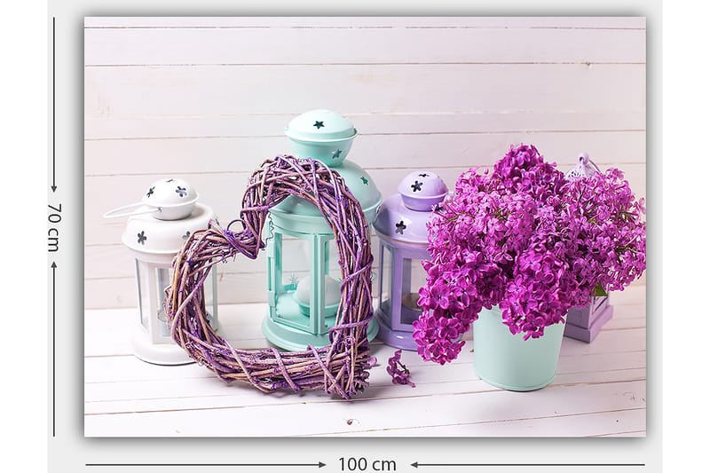 Lærred 70x100 cm - Romantisk komposition med et hjerte af kviste og en potte med lilla blomster - Lilla / Mintgrøn / Hvid - Boligtilbehør - Billeder & kunst - Billeder på lærred