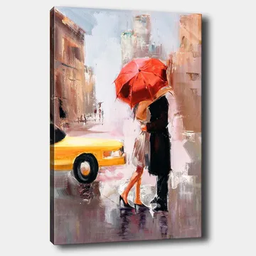 Lærred 70x100 cm - Romantisk kys under en rød paraply i urbane omgivelser - Rød / Sort / Gul - Boligtilbehør - Billeder & kunst - Billeder på lærred
