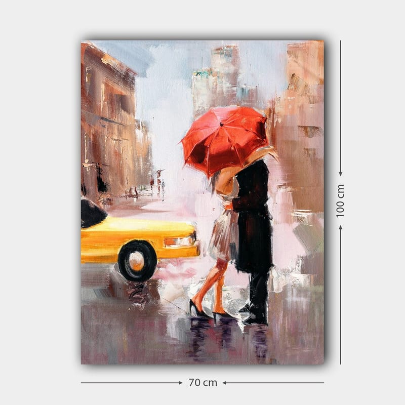 Lærred 70x100 cm - Romantisk kys under en rød paraply i urbane omgivelser - Rød / Sort / Gul - Boligtilbehør - Billeder & kunst - Billeder på lærred