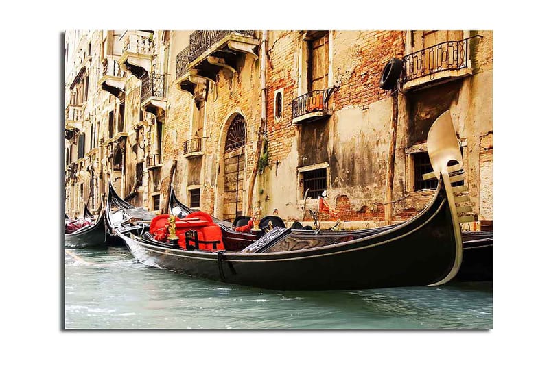 Lærred 70x100 cm - Romantisk scene med gondoler, der glider langs en venetiansk kanal, Sort / Rød / Beige