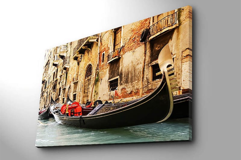 Lærred 70x100 cm - Romantisk scene med gondoler, der glider langs en venetiansk kanal - Sort / Rød / Beige - Boligtilbehør - Billeder & kunst - Billeder på lærred