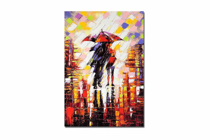 Lærred 70x100 cm - Romantisk scene med to personer, der deler en paraply i et regnfuldt bymiljø, Rød / Sort / Orange