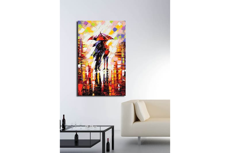 Lærred 70x100 cm - Romantisk scene med to personer, der deler en paraply i et regnfuldt bymiljø - Rød / Sort / Orange - Boligtilbehør - Billeder & kunst - Billeder på lærred
