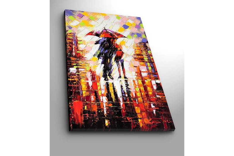 Lærred 70x100 cm - Romantisk scene med to personer, der deler en paraply i et regnfuldt bymiljø - Rød / Sort / Orange - Boligtilbehør - Billeder & kunst - Billeder på lærred