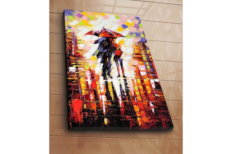 Lærred 70x100 cm - Romantisk scene med to personer, der deler en paraply i et regnfuldt bymiljø - Rød / Sort / Orange - Boligtilbehør - Billeder & kunst - Billeder på lærred