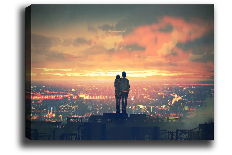 Lærred 70x100 cm - Romantisk silhuet af et par, der står sammen og beundrer en solnedgang over en by - Orange / Blå / Sort - Boligtilbehør - Billeder & kunst - Billeder på lærred