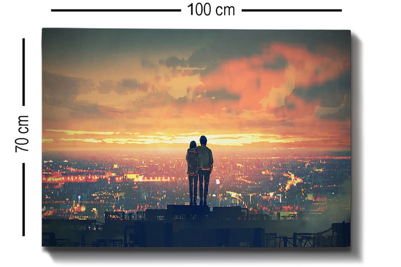 Lærred 70x100 cm - Romantisk silhuet af et par, der står sammen og beundrer en solnedgang over en by - Orange / Blå / Sort - Boligtilbehør - Billeder & kunst - Billeder på lærred