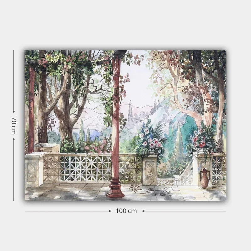 Lærred 70x100 cm - Romantisk udsigt over en have med blomster og søjler i solrige omgivelser - Grøn / Lyserød / Beige - Boligtilbehør - Billeder & kunst - Billeder på lærred