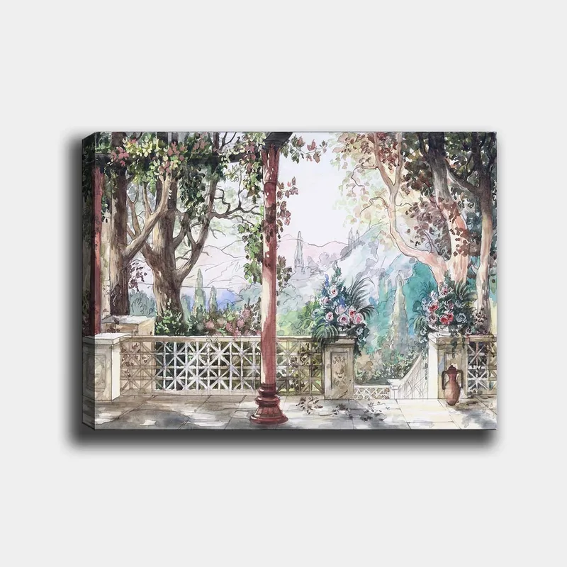 Lærred 70x100 cm - Romantisk udsigt over en have med blomster og søjler i solrige omgivelser - Grøn / Lyserød / Beige - Boligtilbehør - Billeder & kunst - Billeder på lærred