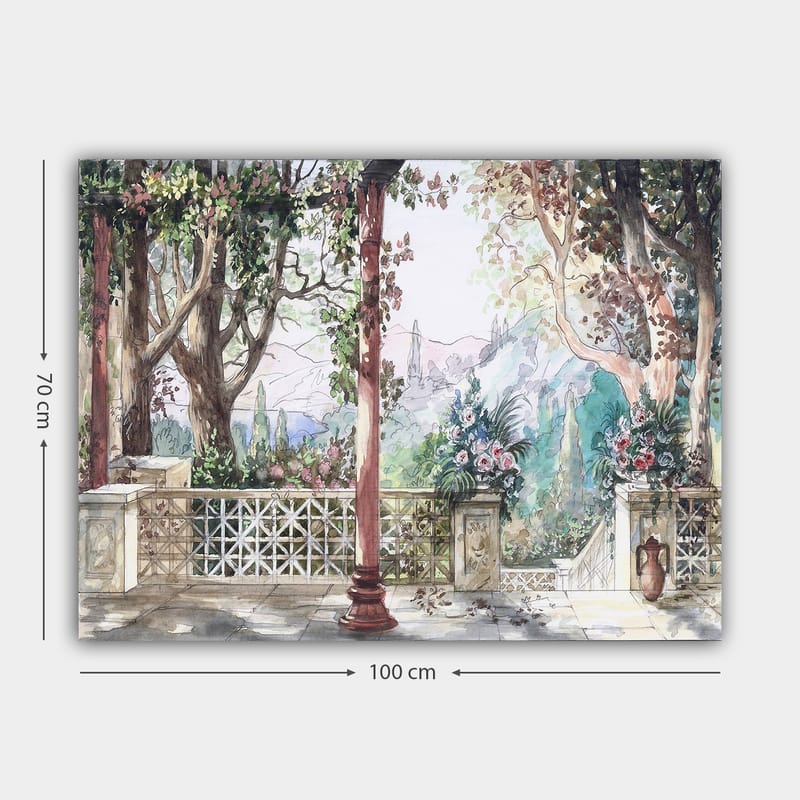 Lærred 70x100 cm - Romantisk udsigt over en have med blomster og søjler i solrige omgivelser - Grøn / Lyserød / Beige - Boligtilbehør - Billeder & kunst - Billeder på lærred