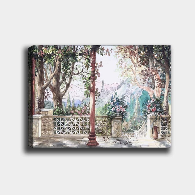 Lærred 70x100 cm - Romantisk udsigt over en have med blomster og søjler i solrige omgivelser, Grøn / Lyserød / Beige