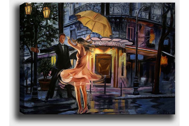 Lærred 70x100 cm - Romantisk par danser under en paraply i regnen - Lyserød / Sort / Gul - Boligtilbehør - Billeder & kunst - Billeder på lærred