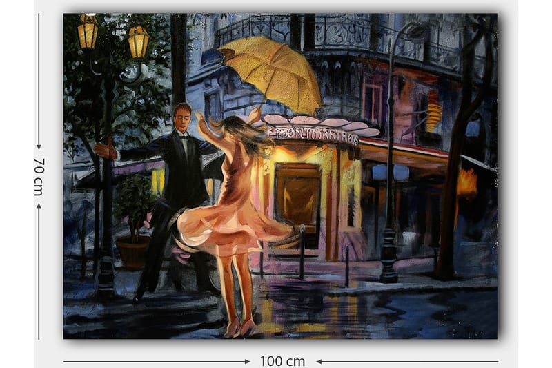 Lærred 70x100 cm - Romantisk par danser under en paraply i regnen - Lyserød / Sort / Gul - Boligtilbehør - Billeder & kunst - Billeder på lærred