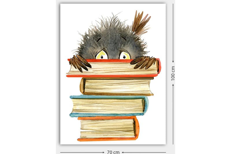 Lærred 70x100 cm - Sød, nysgerrig figur kigger frem bag en stak bøger - Sort / Beige / Orange - Boligtilbehør - Billeder & kunst - Billeder på lærred