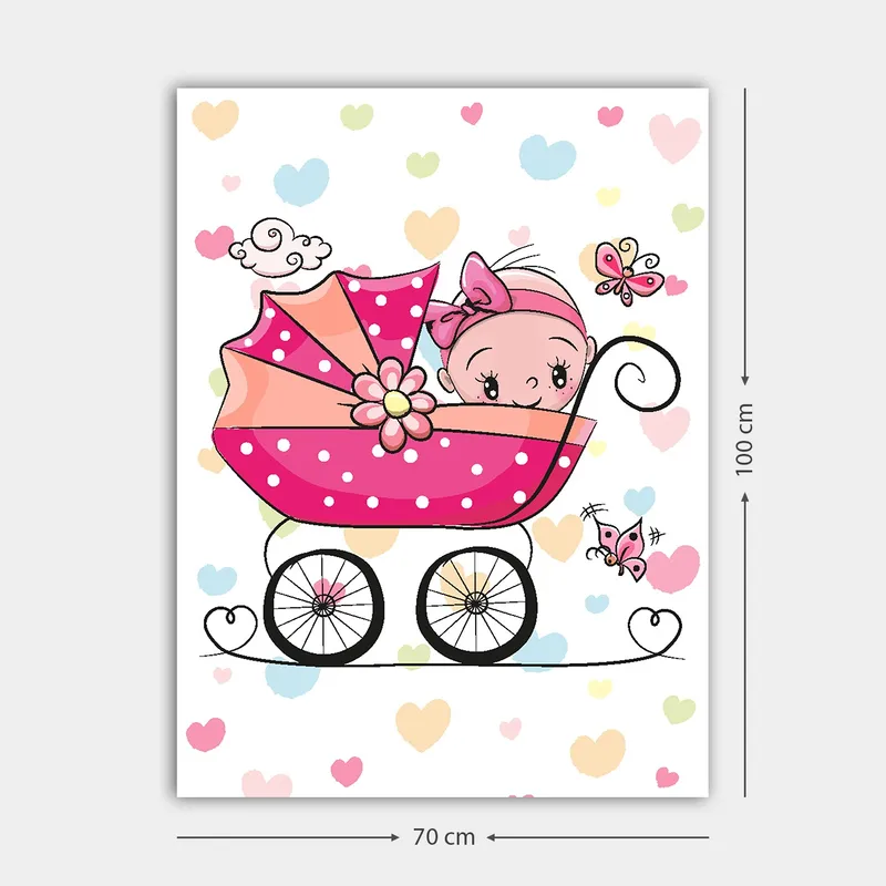 Lærred 70x100 cm - Sød baby i en klapvogn omgivet af farverige hjerter og sommerfugle - Lyserød / Sort / Lyseblå - Boligtilbehør - Billeder & kunst - Billeder på lærred
