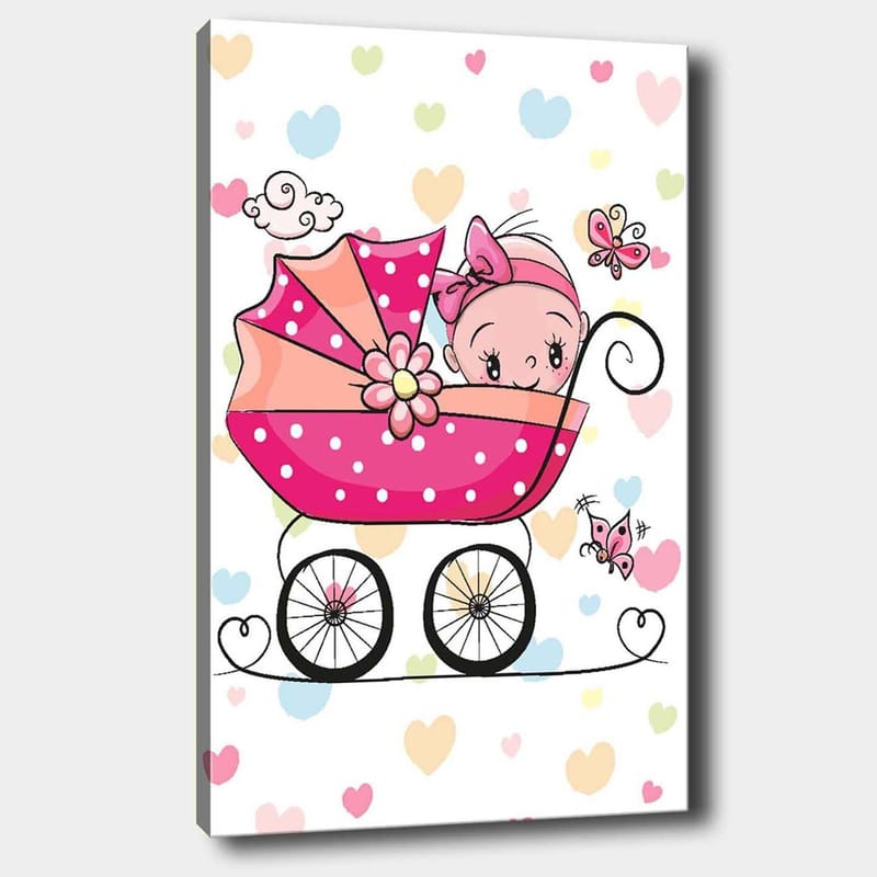 Lærred 70x100 cm - Sød baby i en klapvogn omgivet af farverige hjerter og sommerfugle, Lyserød / Sort / Lyseblå