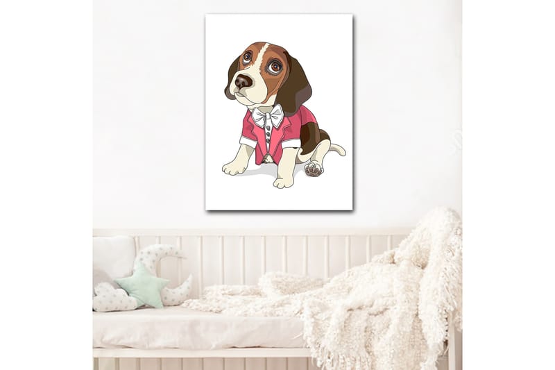 Lærred 70x100 cm - Sød beagle i rød jakke med butterfly, Rød / Brun / Hvid