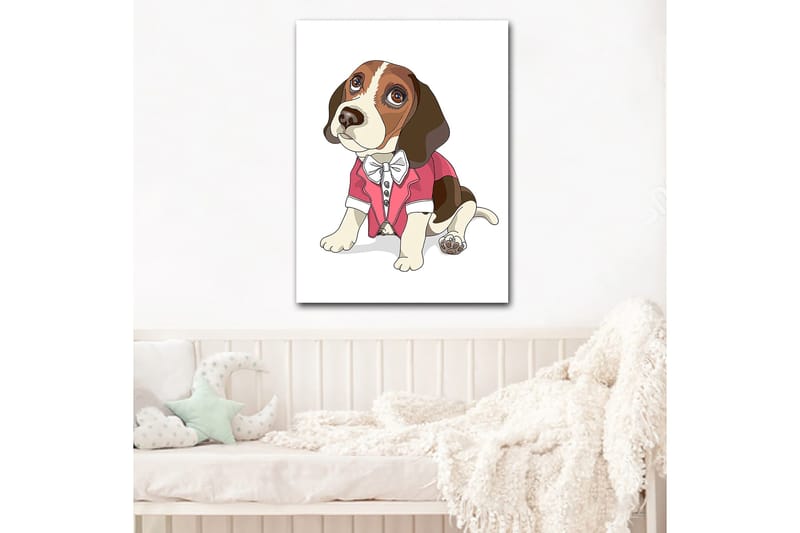 Lærred 70x100 cm - Sød beagle i rød jakke med butterfly, Rød / Brun / Hvid