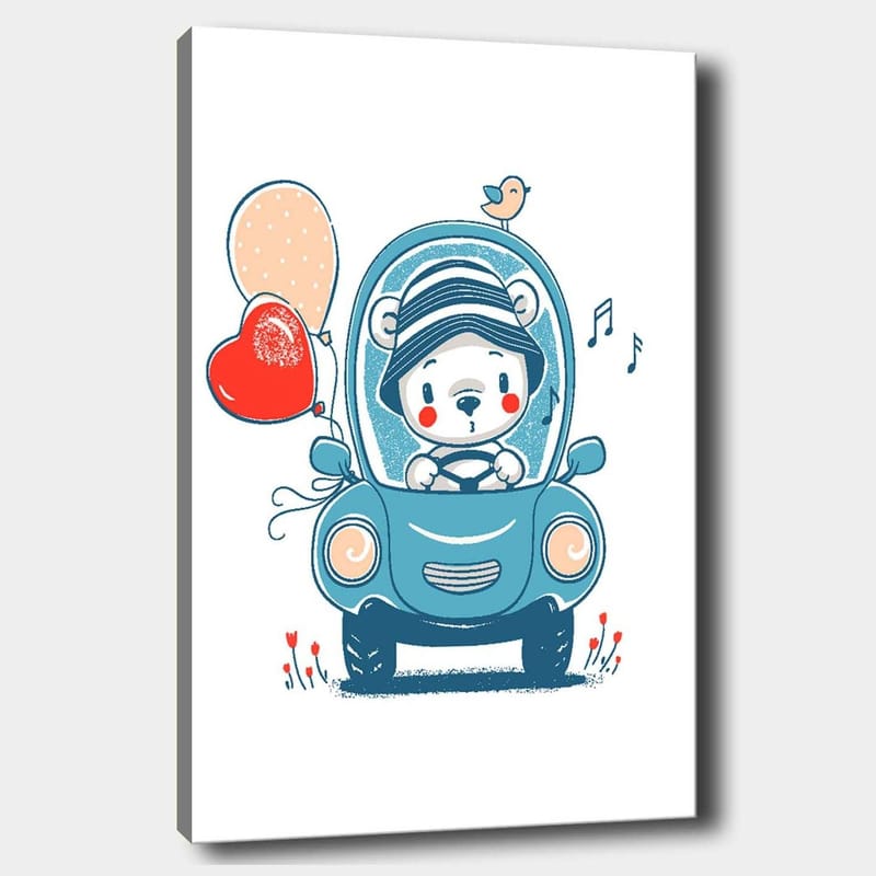 Lærred 70x100 cm - Sød bjørn i en bil, der holder balloner og ser glad ud, Blå / Rød / Beige