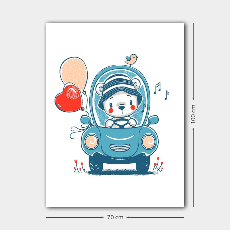 Lærred 70x100 cm - Sød bjørn i en bil, der holder balloner og ser glad ud - Blå / Rød / Beige - Boligtilbehør - Billeder & kunst - Billeder på lærred