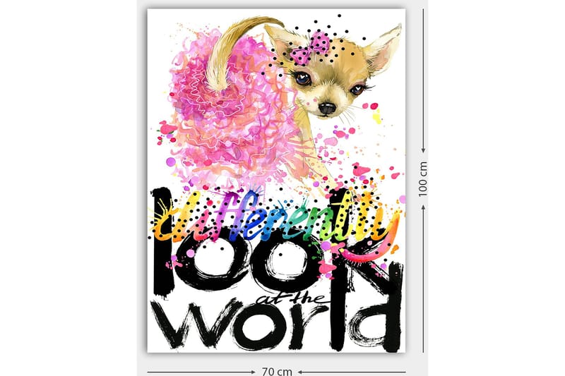 Lærred 70x100 cm - Sød chihuahua med en lyserød blomst og farverige detaljer - Lyserød / Sort / Beige - Boligtilbehør - Billeder & kunst - Billeder på lærred