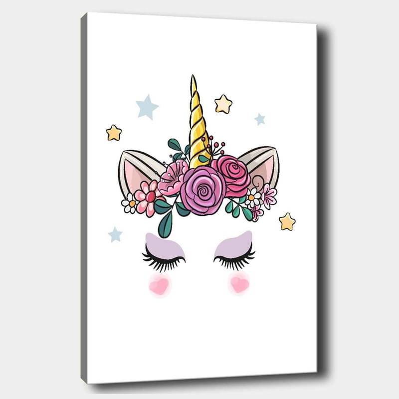 Lærred 70x100 cm - Sød enhjørning med blomster og stjerner som dekoration - Lilla / Pink / Guld - Boligtilbehør - Billeder & kunst - Billeder på lærred