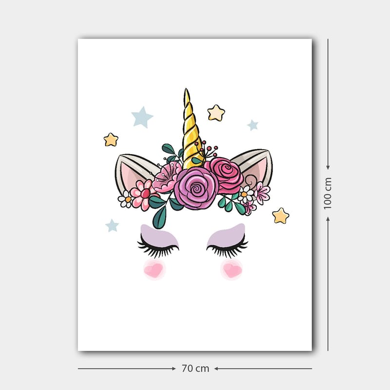Lærred 70x100 cm - Sød enhjørning med blomster og stjerner som dekoration - Lilla / Pink / Guld - Boligtilbehør - Billeder & kunst - Billeder på lærred