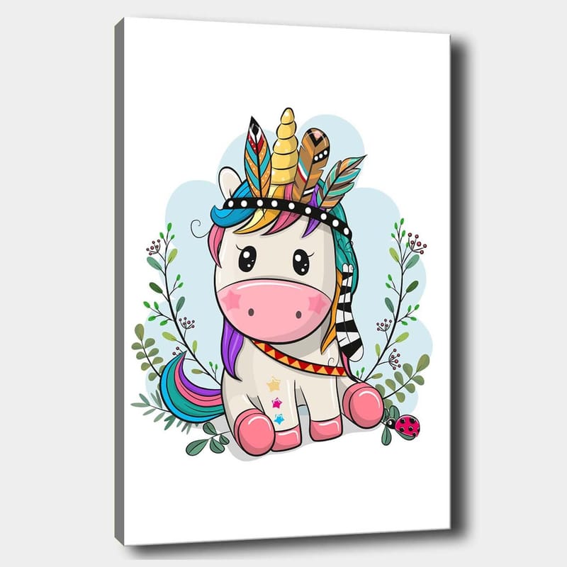 Lærred 70x100 cm - Sød enhjørning med farverig man og fjer som dekoration - Lyserød / Lilla / Grøn - Boligtilbehør - Billeder & kunst - Billeder på lærred