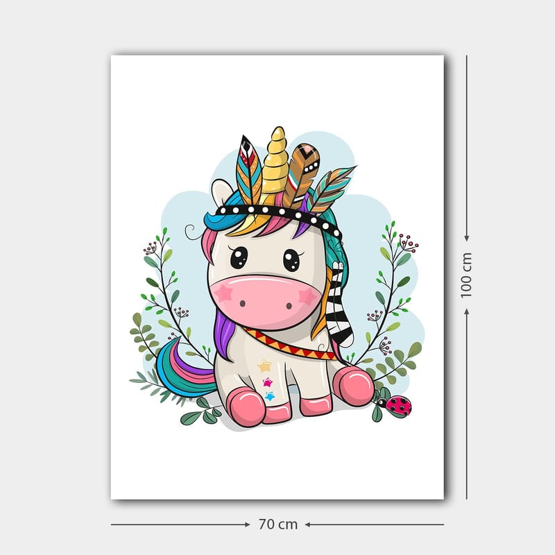 Lærred 70x100 cm - Sød enhjørning med farverig man og fjer som dekoration - Lyserød / Lilla / Grøn - Boligtilbehør - Billeder & kunst - Billeder på lærred