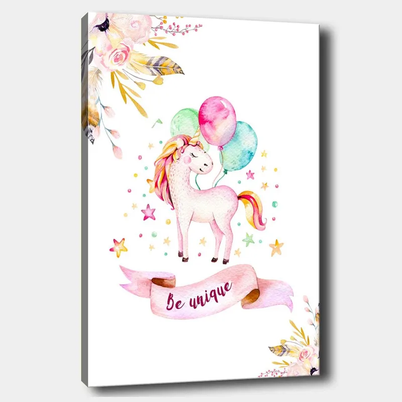 Lærred 70x100 cm - Sød enhjørning med farverige balloner omgivet af stjerner og blomster, Pink / Mintgrøn / Gul