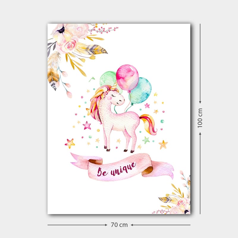 Lærred 70x100 cm - Sød enhjørning med farverige balloner omgivet af stjerner og blomster - Pink / Mintgrøn / Gul - Boligtilbehør - Billeder & kunst - Billeder på lærred