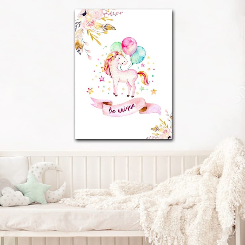 Lærred 70x100 cm - Sød enhjørning med farverige balloner omgivet af stjerner og blomster - Pink / Mintgrøn / Gul - Boligtilbehør - Billeder & kunst - Billeder på lærred