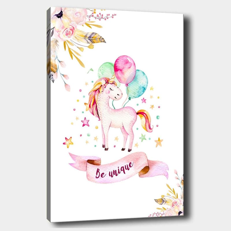 Lærred 70x100 cm - Sød enhjørning med farverige balloner omgivet af stjerner og blomster, Pink / Mintgrøn / Gul