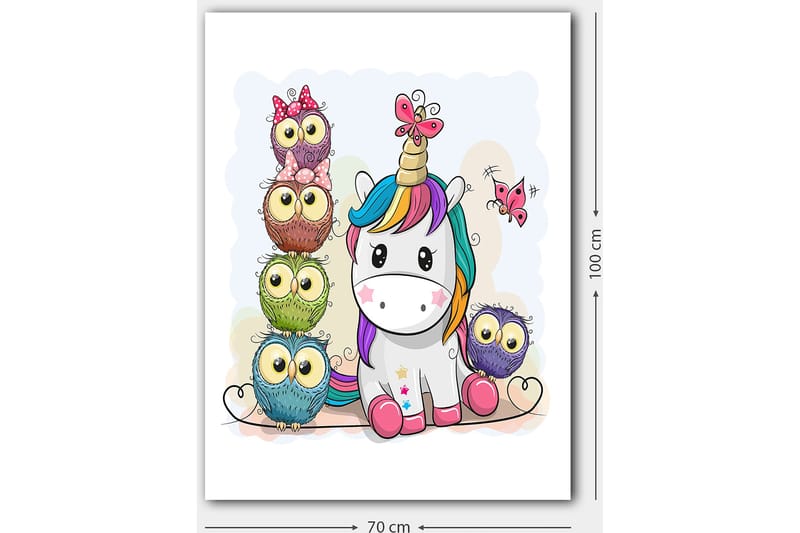 Lærred 70x100 cm - Sød enhjørning omgivet af farverige ugler med store øjne - Grå / Grøn / Lilla - Boligtilbehør - Billeder & kunst - Billeder på lærred