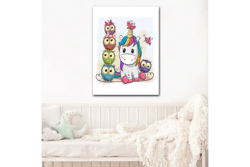 Lærred 70x100 cm - Sød enhjørning omgivet af farverige ugler med store øjne - Grå / Grøn / Lilla - Boligtilbehør - Billeder & kunst - Billeder på lærred