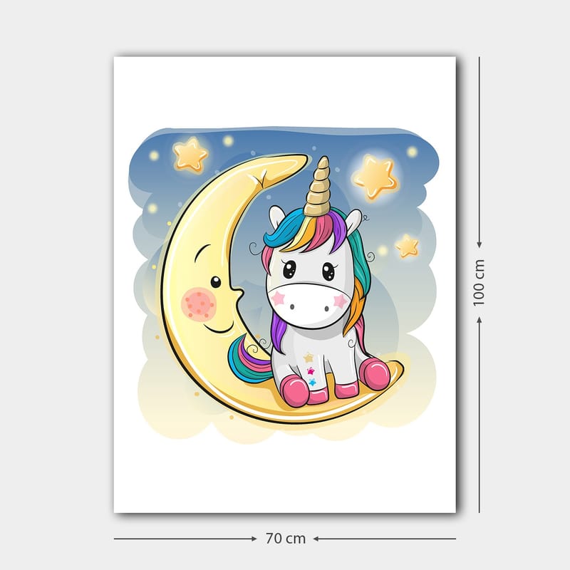 Lærred 70x100 cm - Sød enhjørning siddende på en måne med stjerner i baggrunden - Gul / Lyserød / Blå - Boligtilbehør - Billeder & kunst - Billeder på lærred