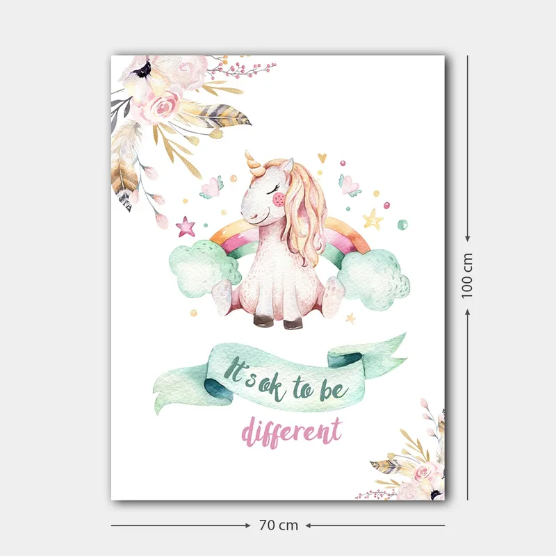 Lærred 70x100 cm - Sød enhjørning sidder på skyer med en regnbue i baggrunden - Lyserød / Mintgrøn / Lysegul - Boligtilbehør - Billeder & kunst - Billeder på lærred