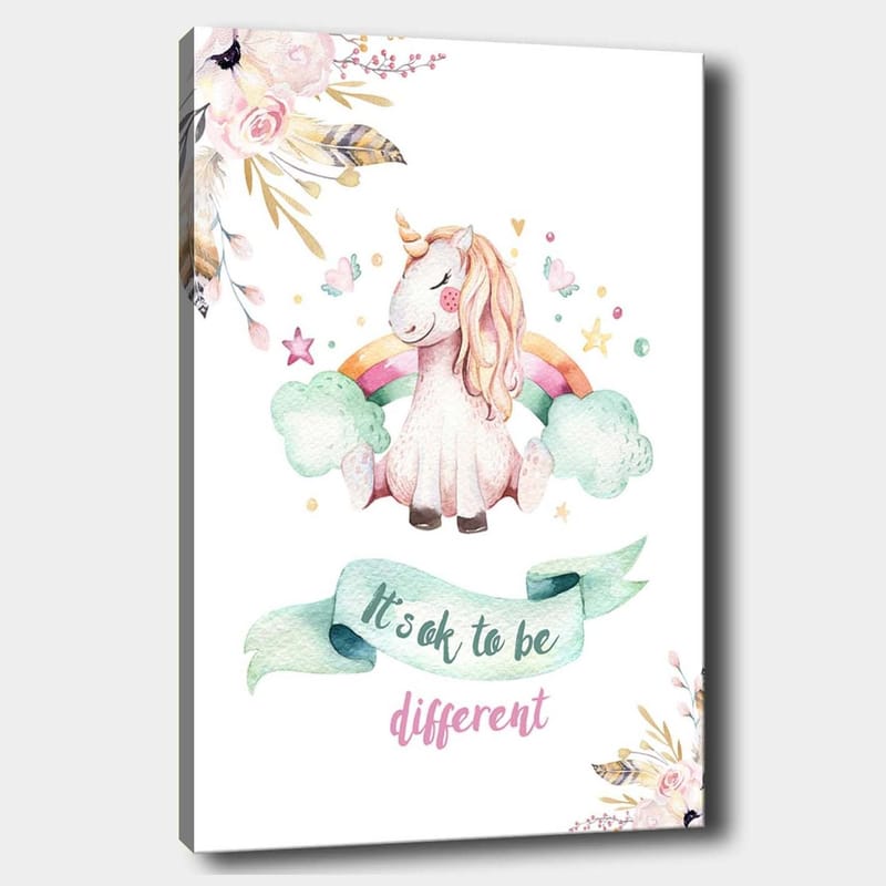 Lærred 70x100 cm - Sød enhjørning sidder på skyer med en regnbue i baggrunden, Lyserød / Mintgrøn / Lysegul