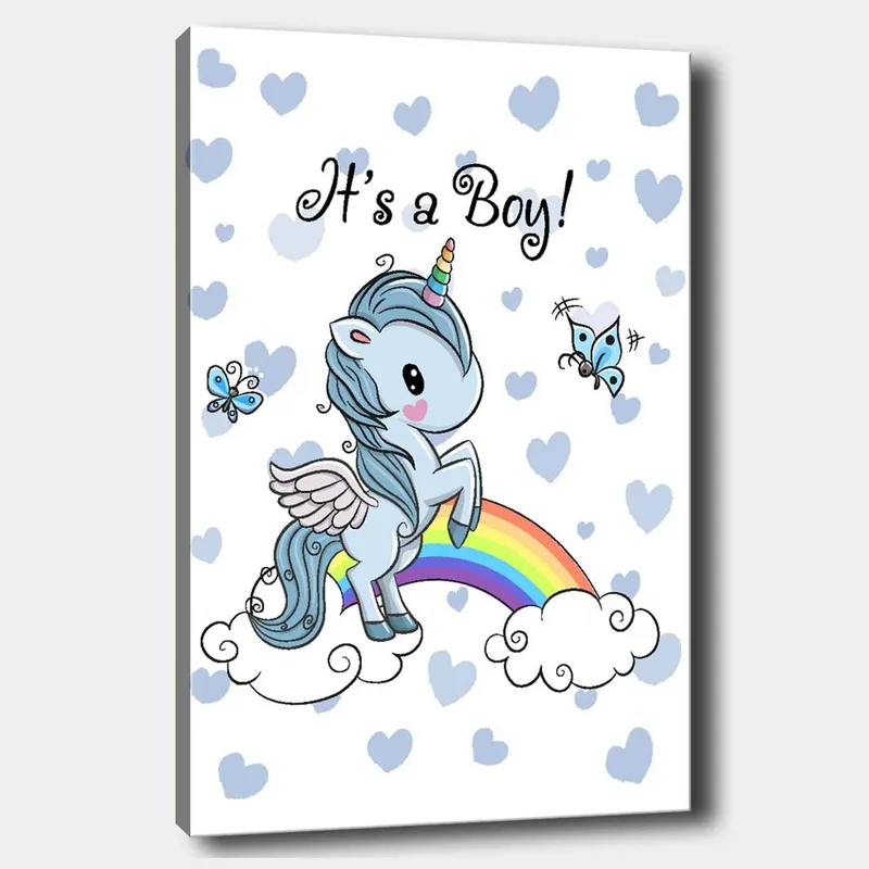 Lærred 70x100 cm - Sød enhjørning stående på en regnbue omgivet af skyer og sommerfugle, Lyseblå / Regnbuefarver / Hvid
