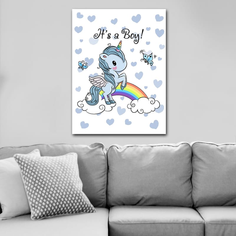 Lærred 70x100 cm - Sød enhjørning stående på en regnbue omgivet af skyer og sommerfugle - Lyseblå / Regnbuefarver / Hvid - Boligtilbehør - Billeder & kunst - Billeder på lærred