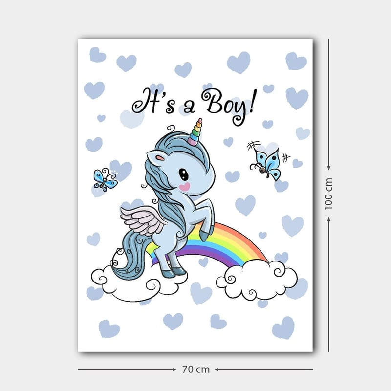 Lærred 70x100 cm - S ød enhjørning stående på en regnbue omgivet af skyer og sommerfugle - Lyseblå / Regnbuefarver / Hvid - Boligtilbehør - Billeder & kunst - Billeder på lærred