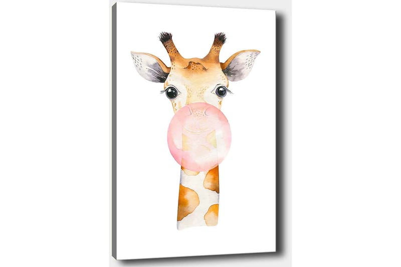 Lærred 70x100 cm - Sød giraf der puster en tyggegummikugle - Beige / Lyserød / Brun - Boligtilbehør - Billeder & kunst - Billeder på lærred