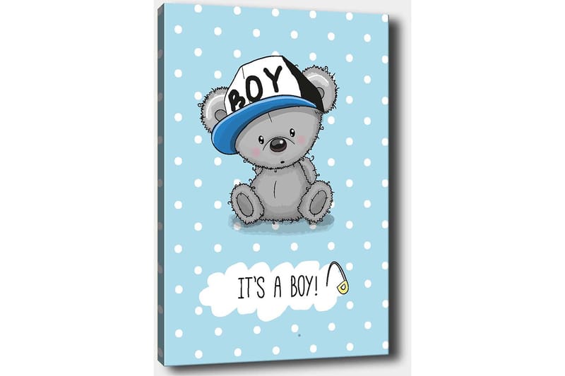 Lærred 70x100 cm - Sød grå bjørn med blå kasket siddende på en lyseblå baggrund med hvide prikker - Blå / Grå - Boligtilbehør - Billeder & kunst - Billeder på lærred