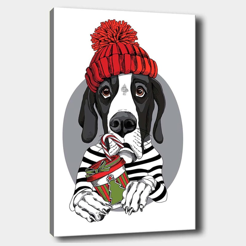 Lærred 70x100 cm - Sød hund i en rød hat, der holder en julegave med en slikbar, Rød / Sort / Grøn