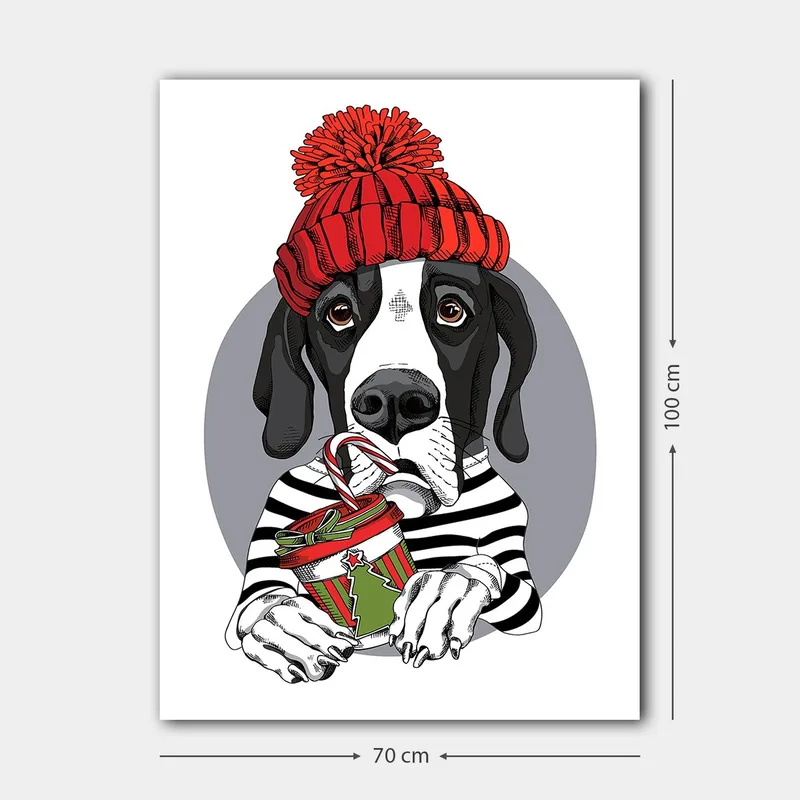 Lærred 70x100 cm - Sød hund i en rød hat, der holder en julegave med en slikbar - Rød / Sort / Grøn - Boligtilbehør - Billeder & kunst - Billeder på lærred