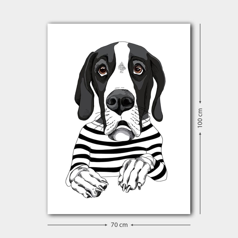 Lærred 70x100 cm - Sød hund i en stribet sweater der ser nysgerrig ud - Sort / Hvid / Brun - Boligtilbehør - Billeder & kunst - Billeder på lærred