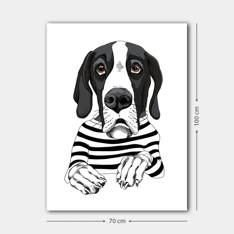 Lærred 70x100 cm - Sød hund i en stribet sweater der ser nysgerrig ud - Sort / Hvid / Brun - Boligtilbehør - Billeder & kunst - Billeder på lærred